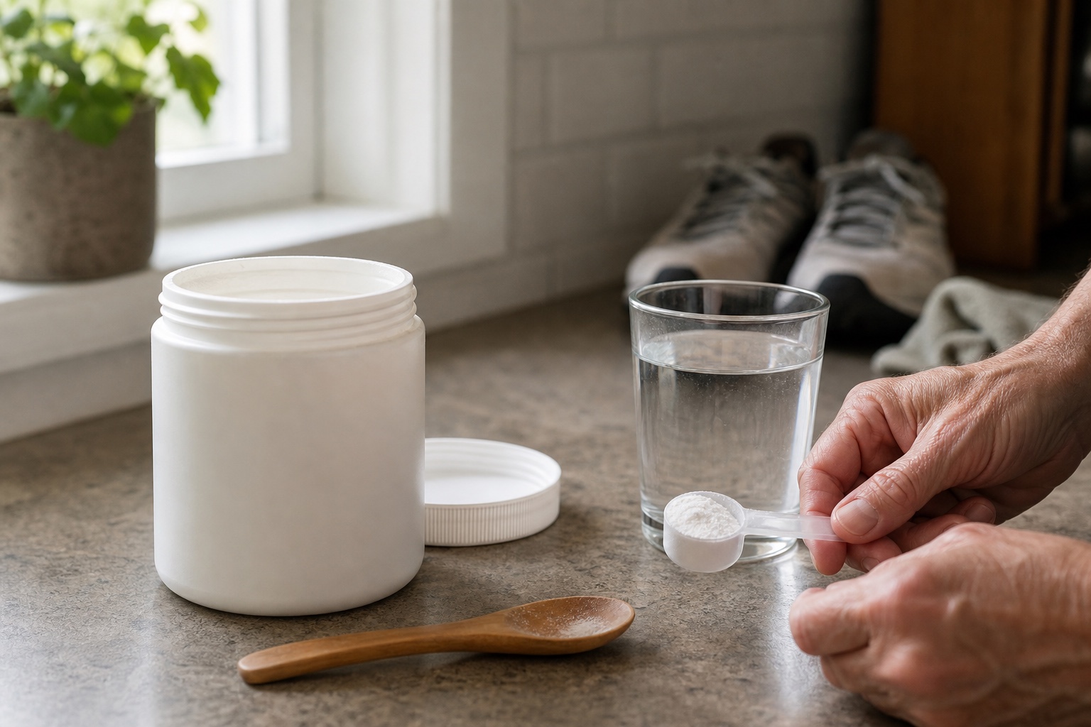 An unbranded jar of creatine monohydrate beside water and training shoes