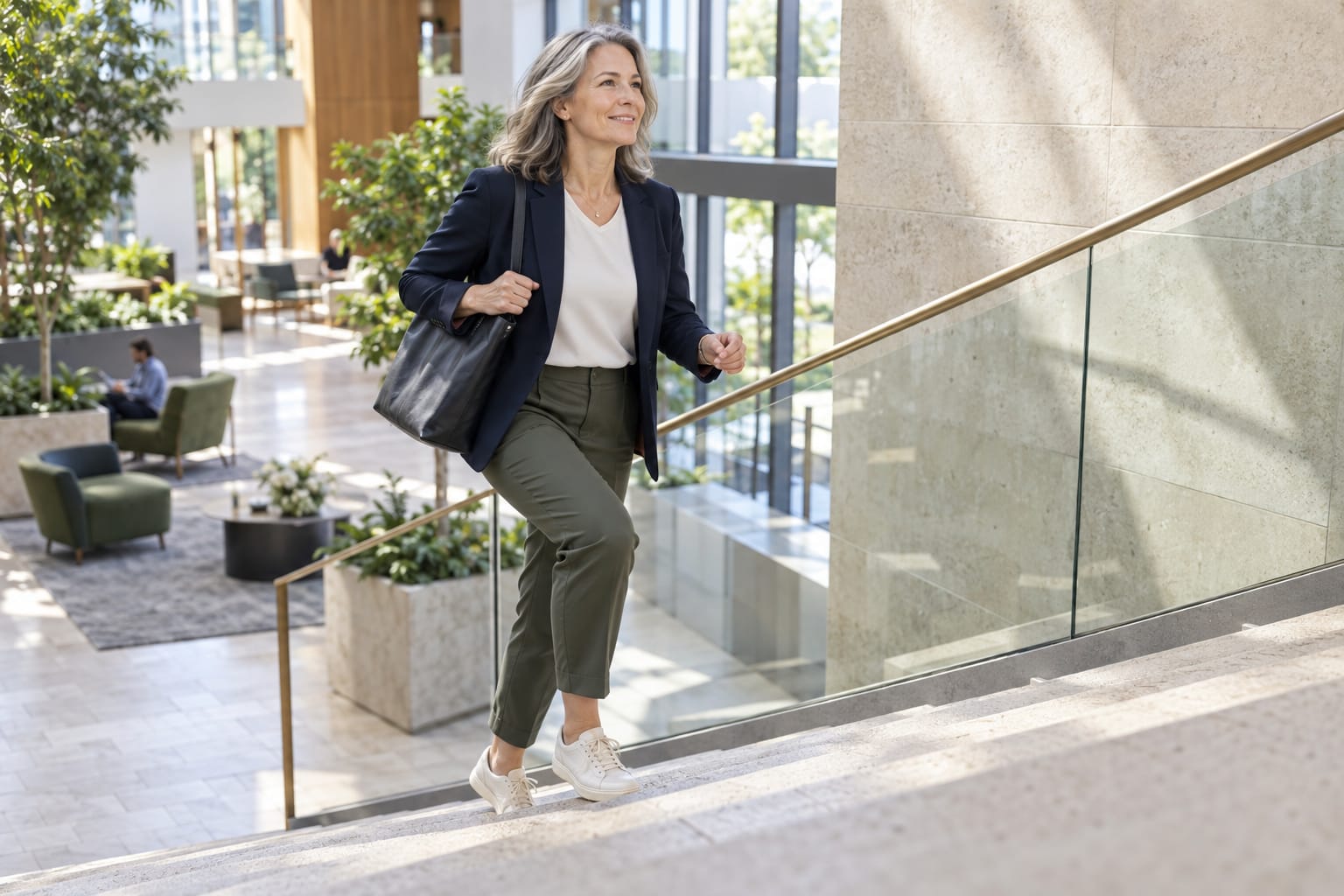 A professional taking a short stair-climbing movement break at work
