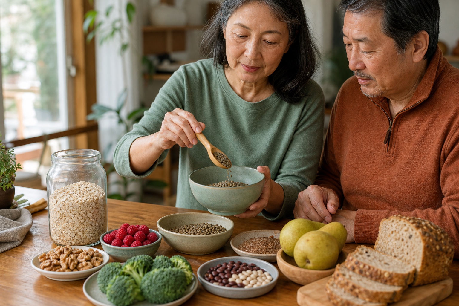 A table of beans, oats, berries, vegetables, nuts, and other fiber rich foods