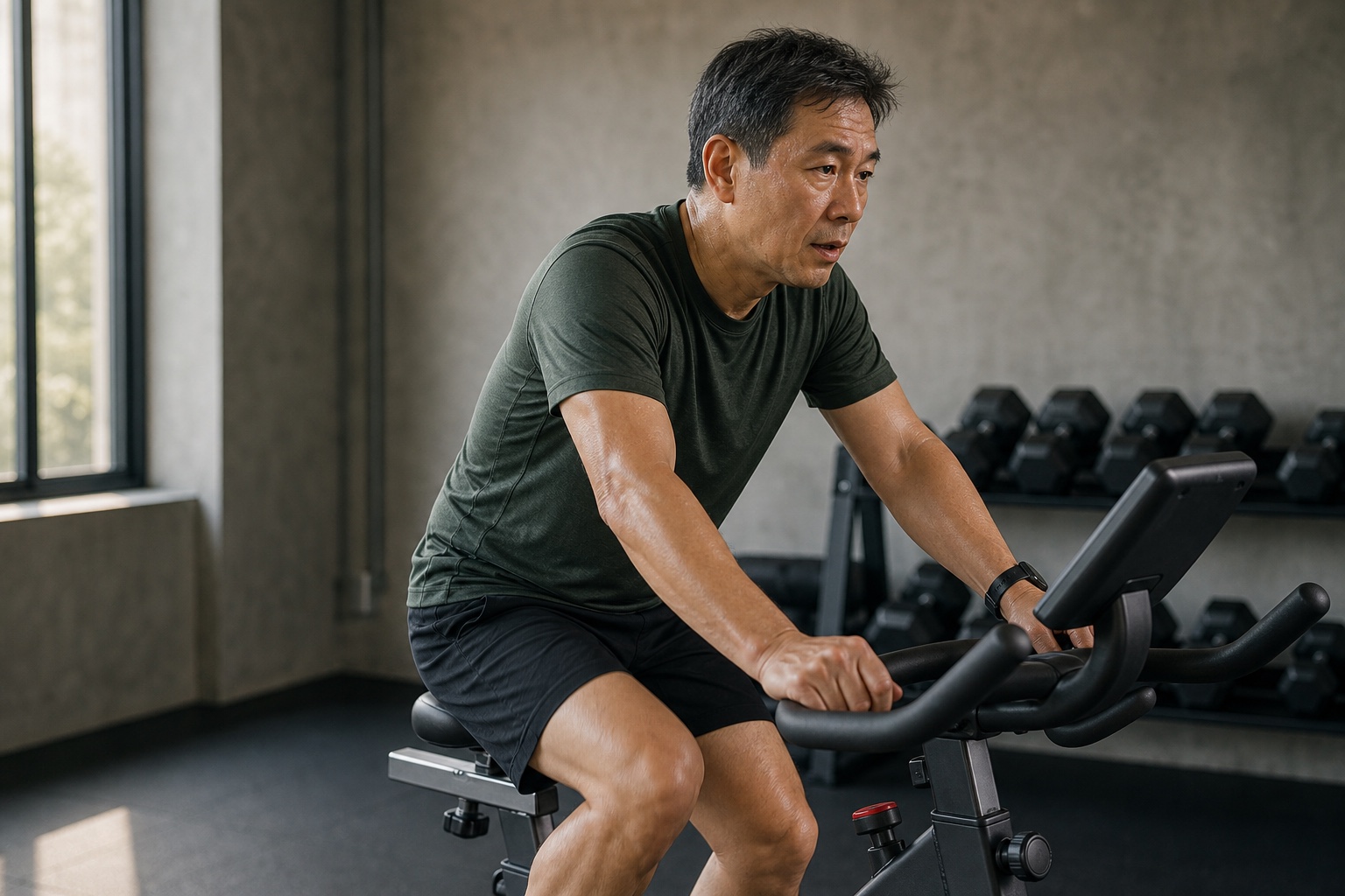 A fit older adult riding a stationary bicycle at a sustainable pace