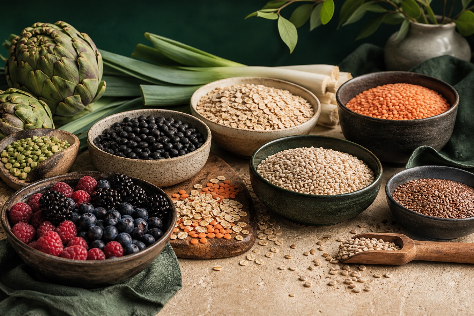 A varied collection of fiber-rich legumes, grains, fruit and vegetables