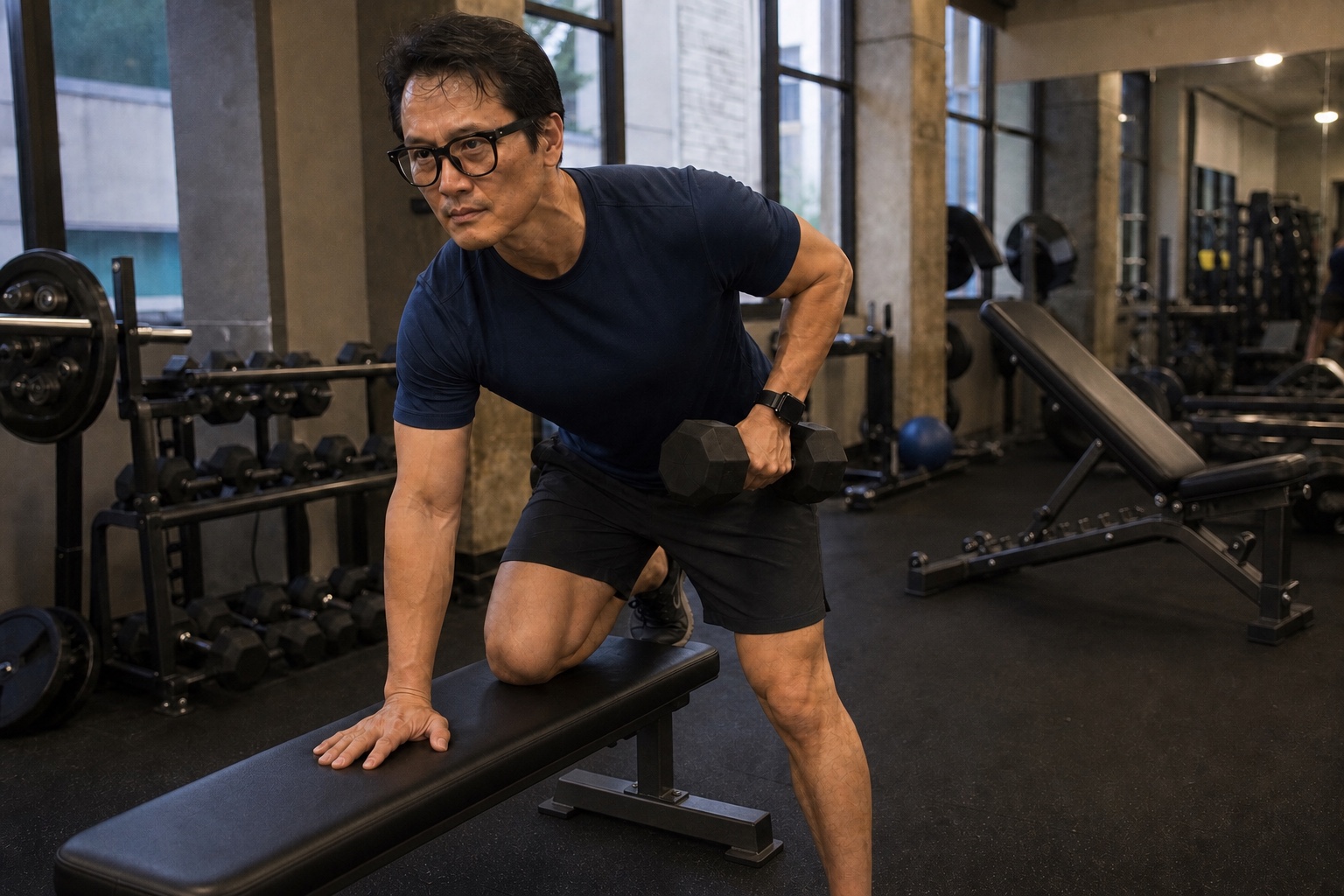 Sung Won performing a controlled dumbbell row in a naturally lit gym