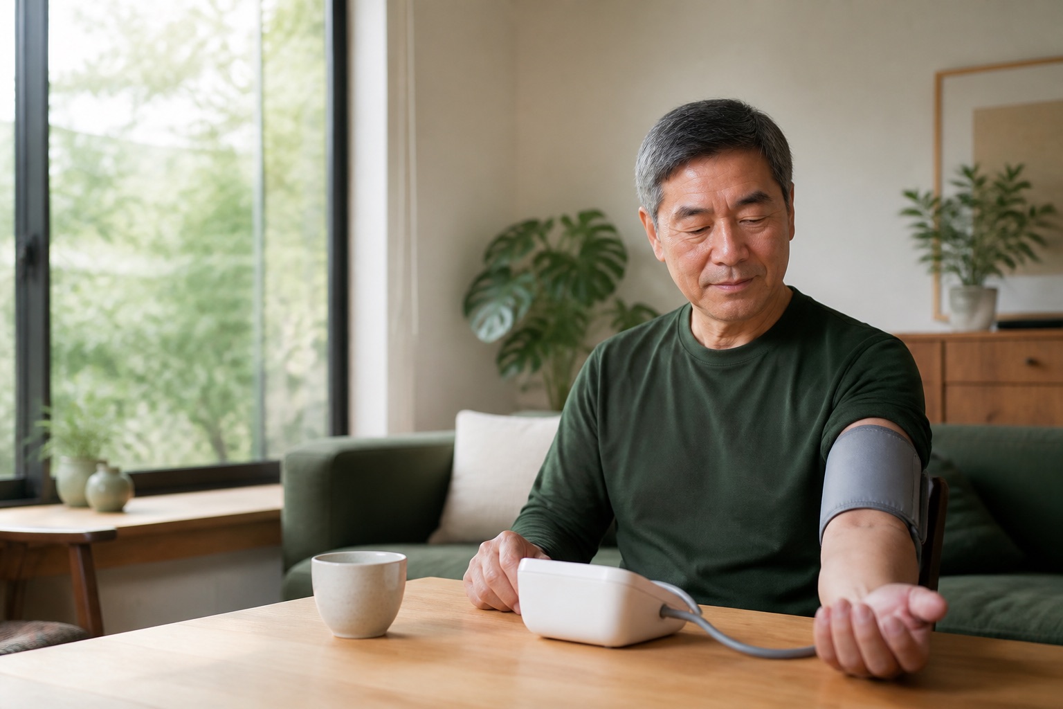 A mature adult calmly measuring blood pressure at home in natural light