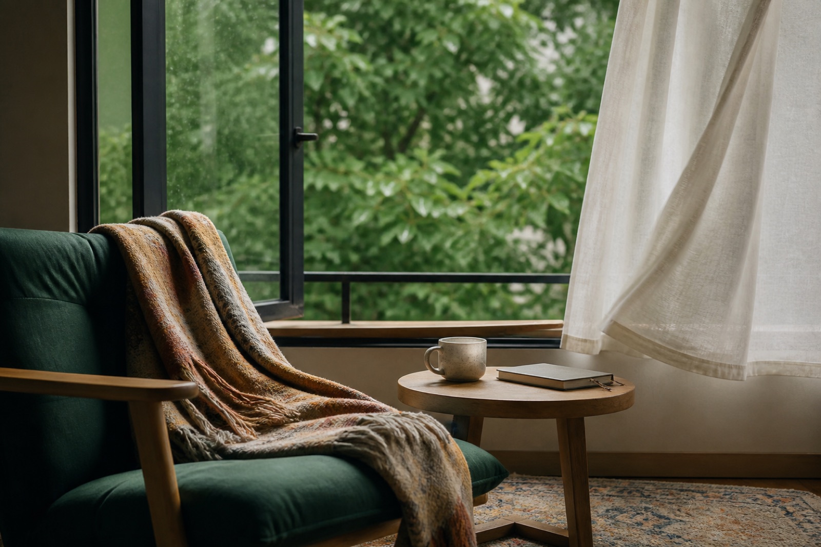 A quiet reading chair beside an open window overlooking green trees