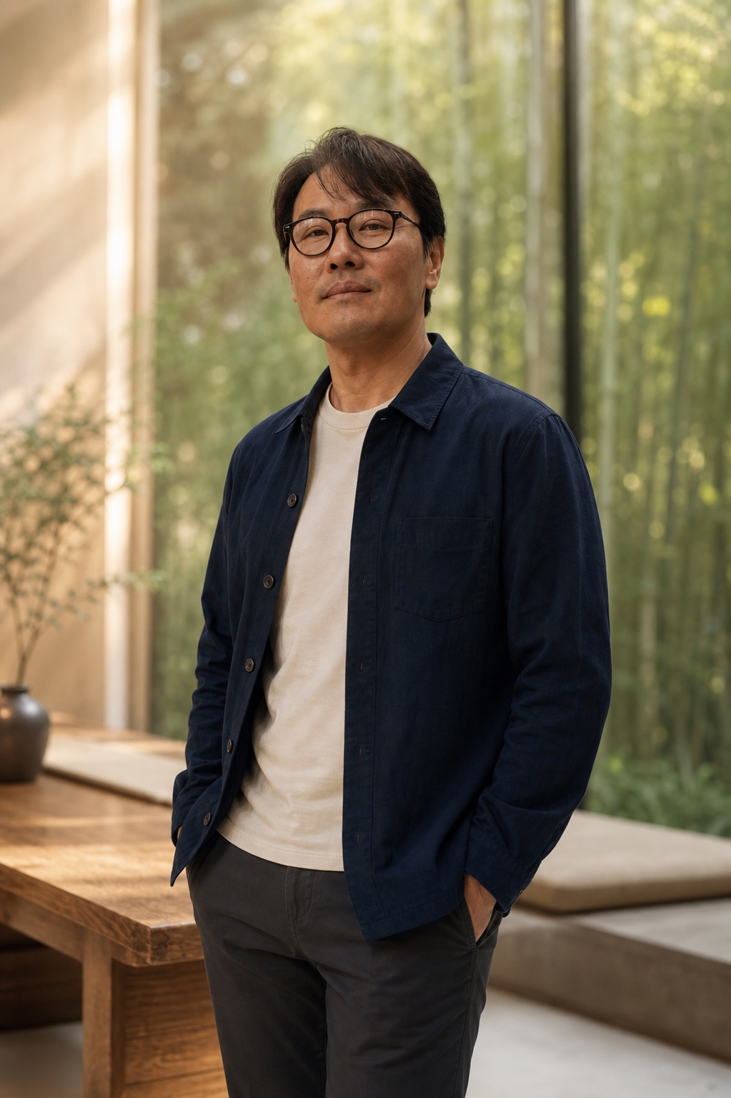 Relaxed portrait of Sung Won, MD with bamboo in the background