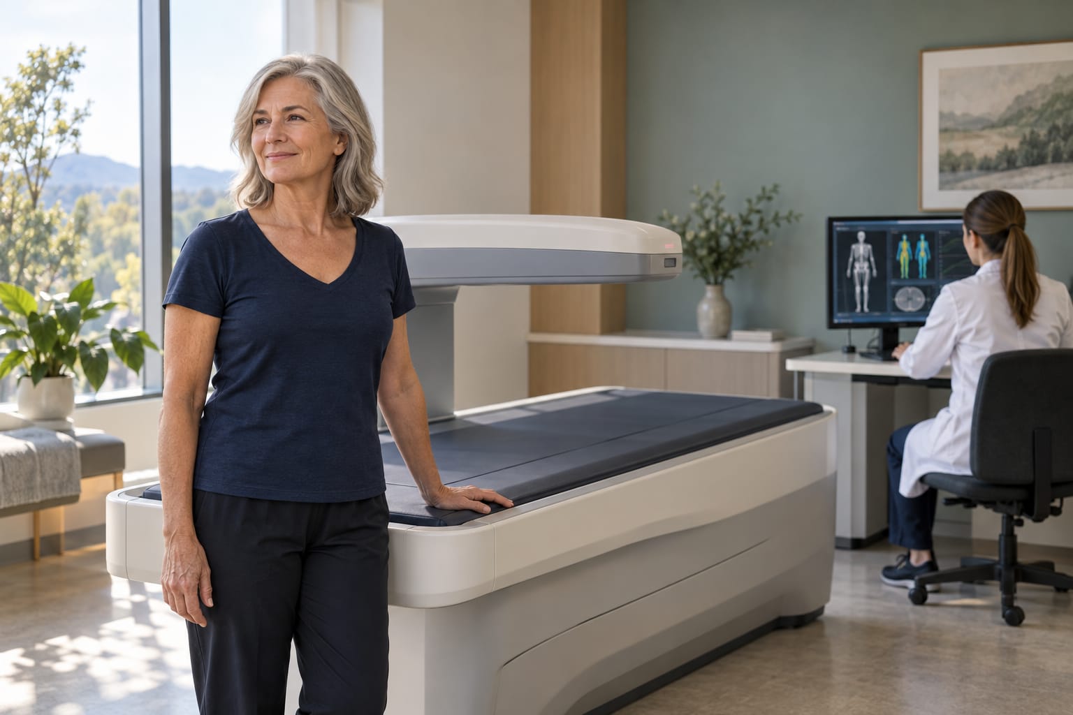 An older adult beside a DEXA scanner while a clinician reviews the results