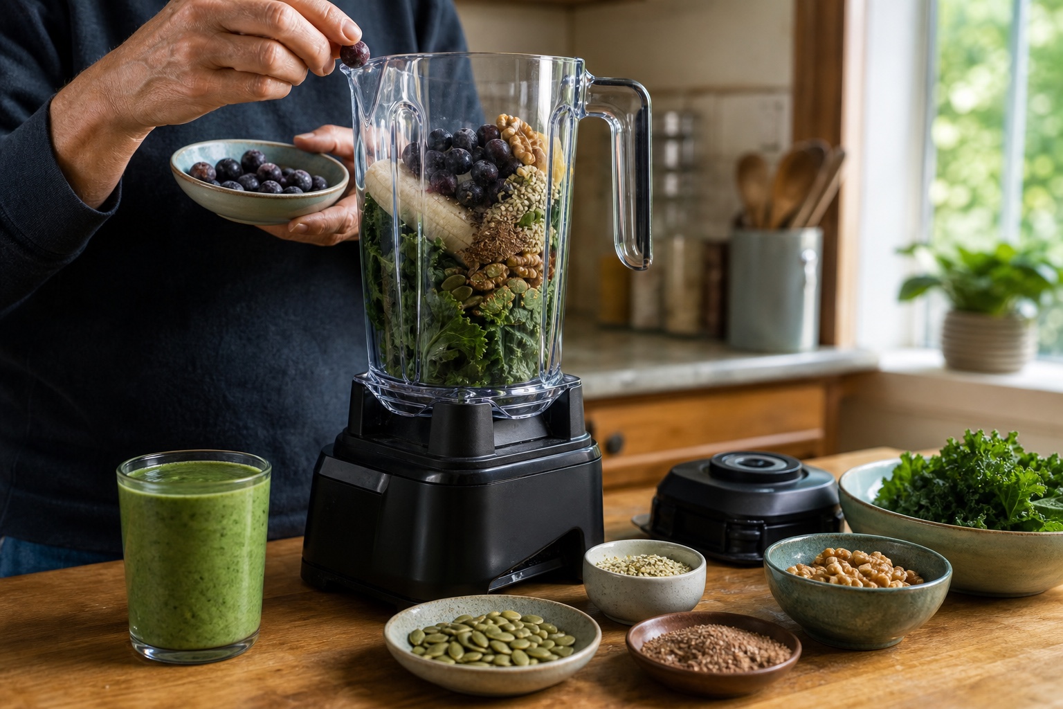 A plant rich green smoothie prepared with leafy greens and blueberries