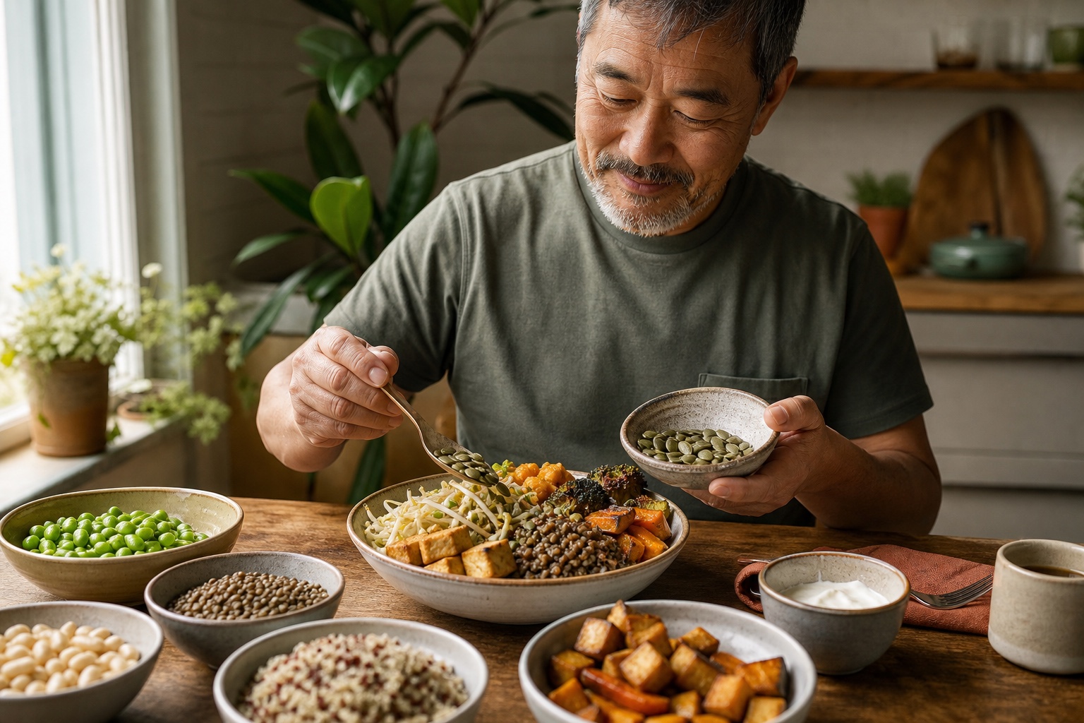 A colorful plant forward meal with tofu, lentils, beans, vegetables, and seeds