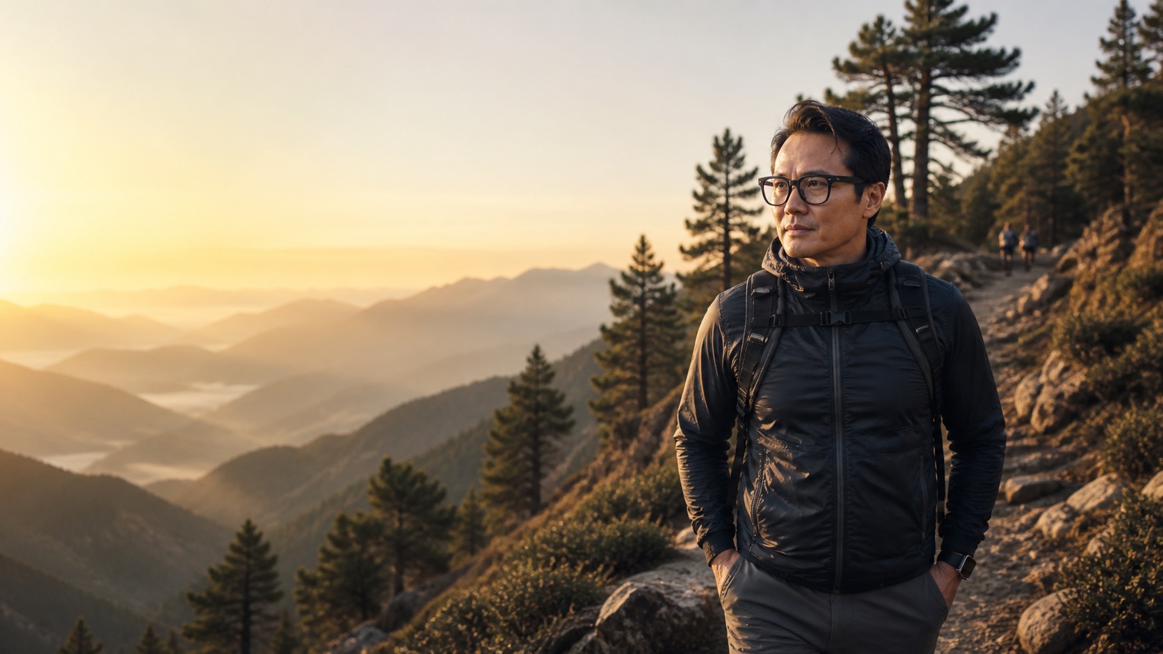 Sung Won on a mountain trail at sunrise