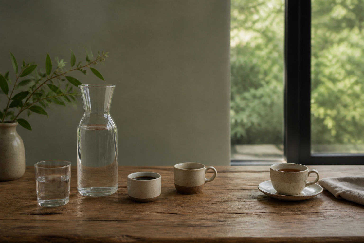 Water, morning coffee and afternoon tea arranged across a naturally lit day