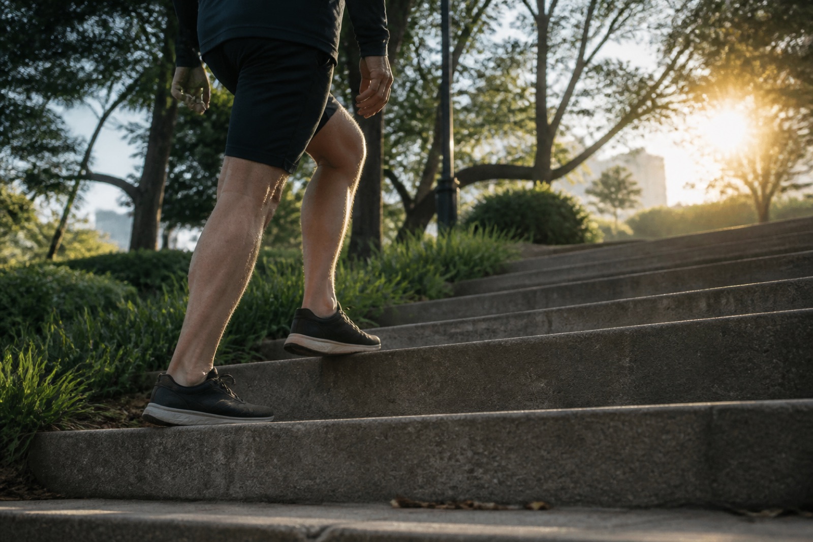 An adult walking briskly up outdoor steps at sunrise