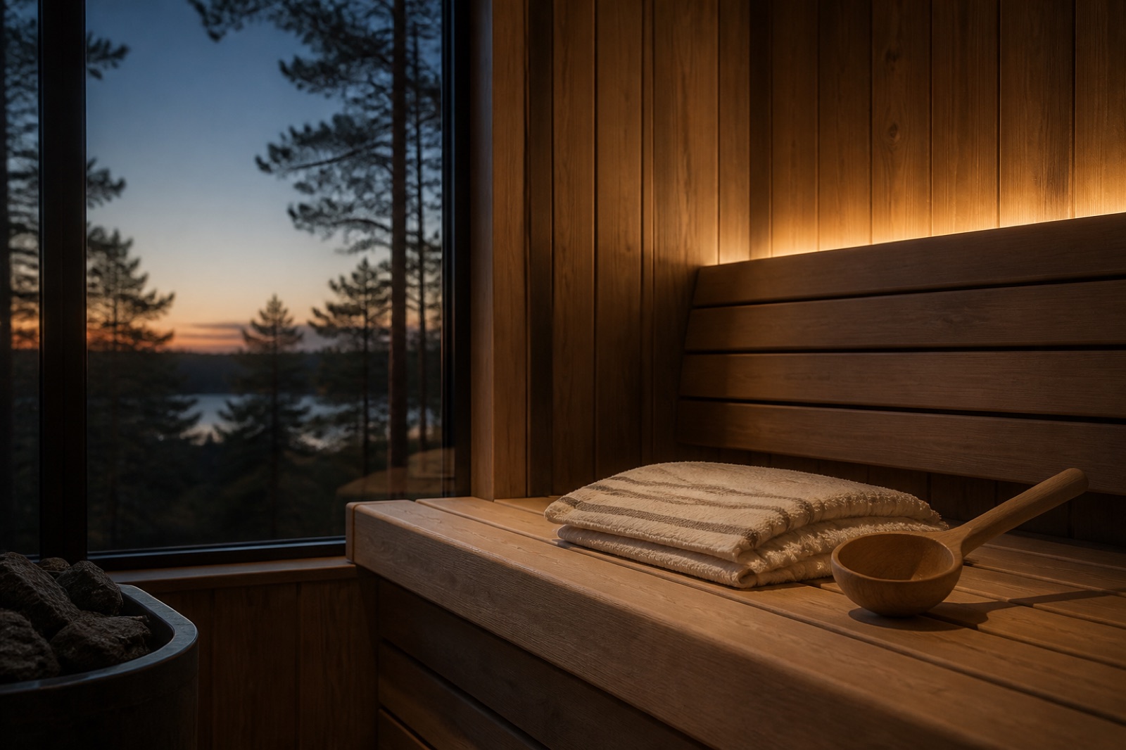 A quiet cedar sauna overlooking trees at dusk