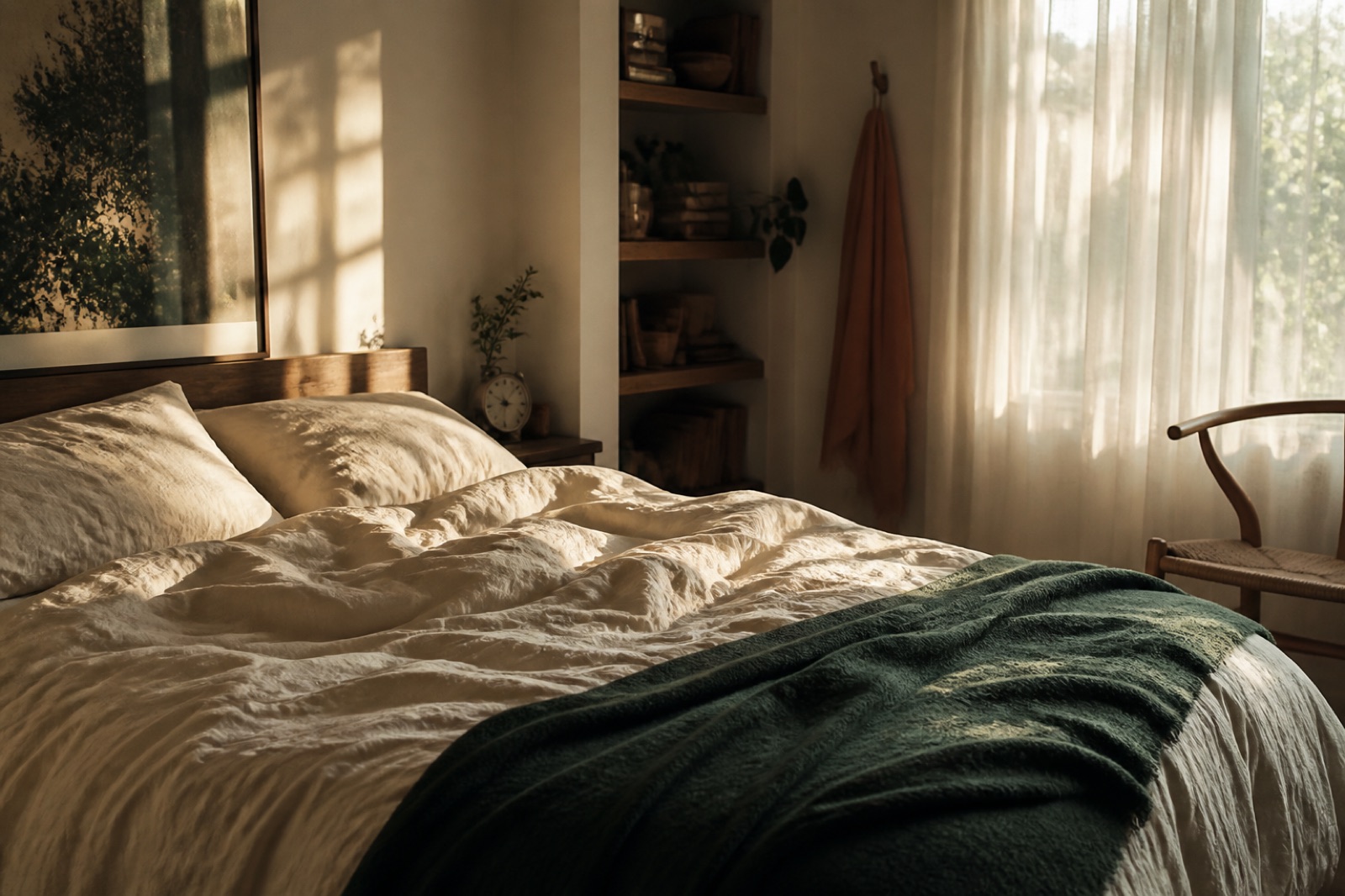 A calm bedroom in warm morning light