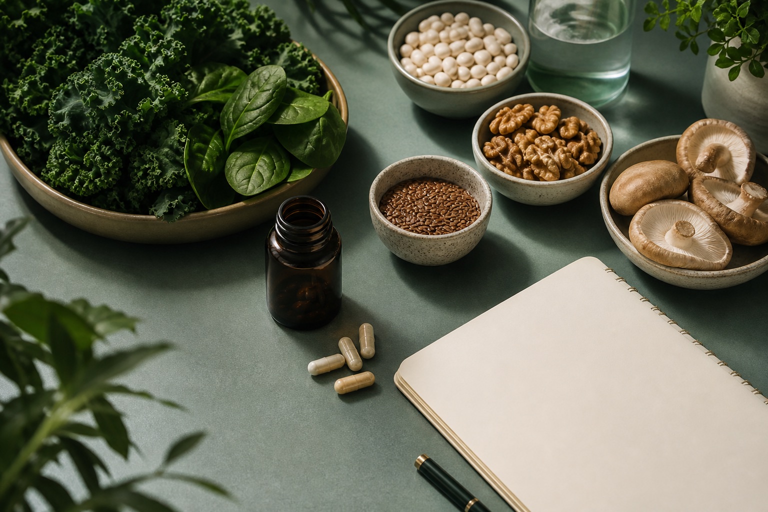A restrained arrangement of generic supplements beside whole foods and a research notebook