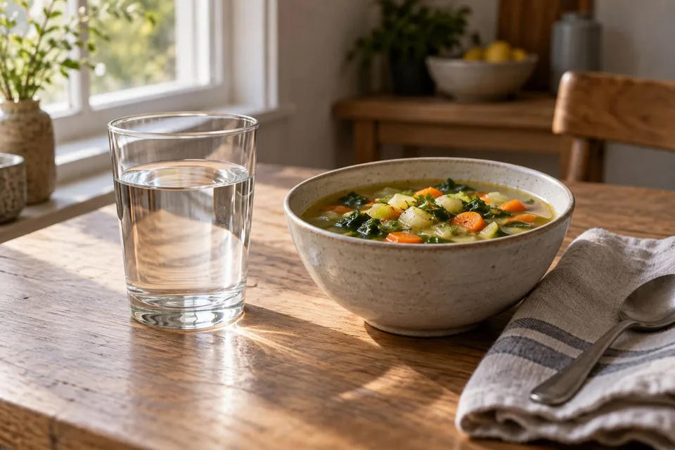 A glass of water beside a bowl of vegetable soup on a wooden kitchen table
