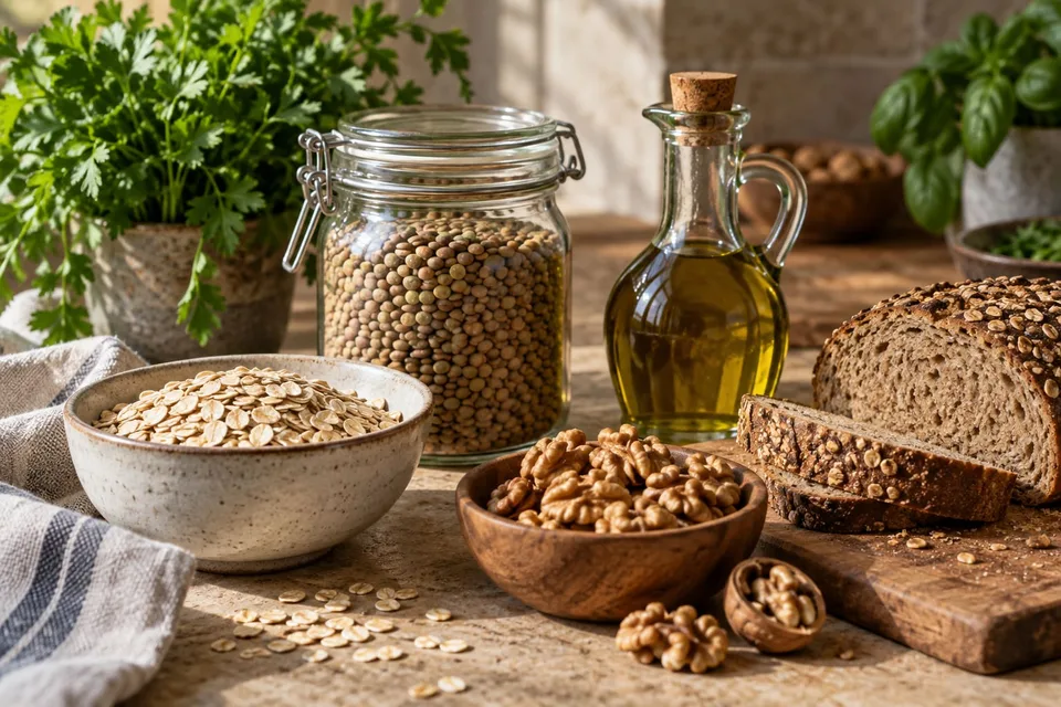 Oats, lentils, walnuts, whole-grain bread, and olive oil on a kitchen counter