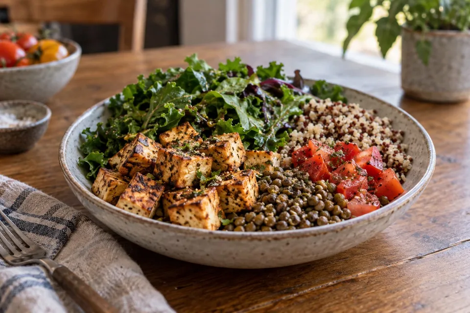 Tofu, lentils, quinoa, tomatoes, and leafy greens in a ceramic lunch bowl
