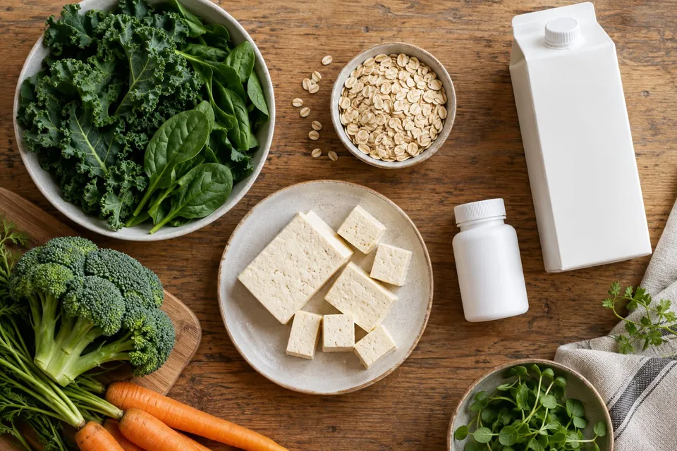 Plant-forward foods beside a plain carton and supplement bottle, illustrating the need to check fortified sources of B12