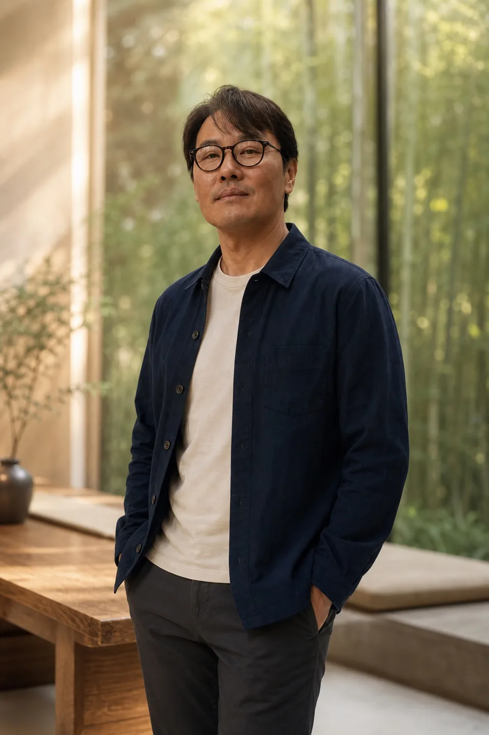 Relaxed portrait of Sung Won, MD with bamboo in the background